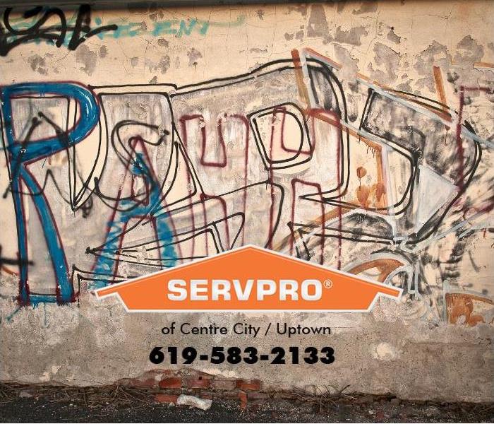 A wall is shown damaged by graffiti.
