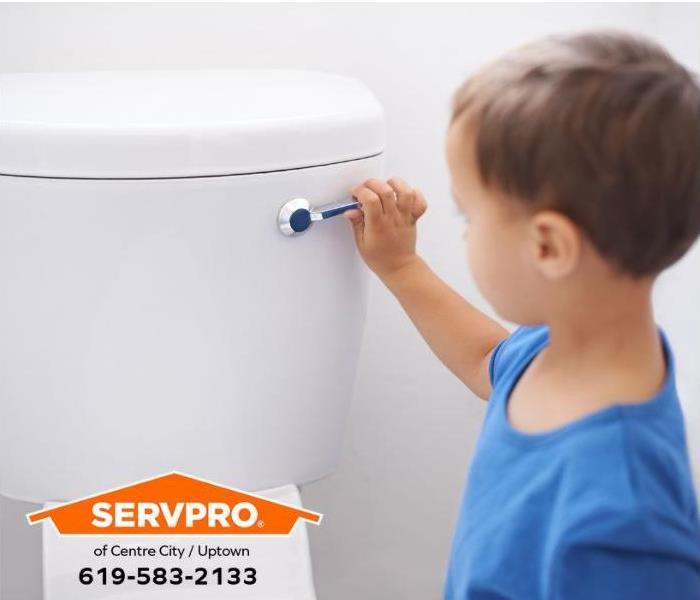 A child is flushing a toilet.